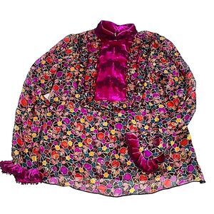 Anna Sui Silk Sheer Asian Embroidered Top Sz 0 Cherry Fruits Tinsel Velvet Lace